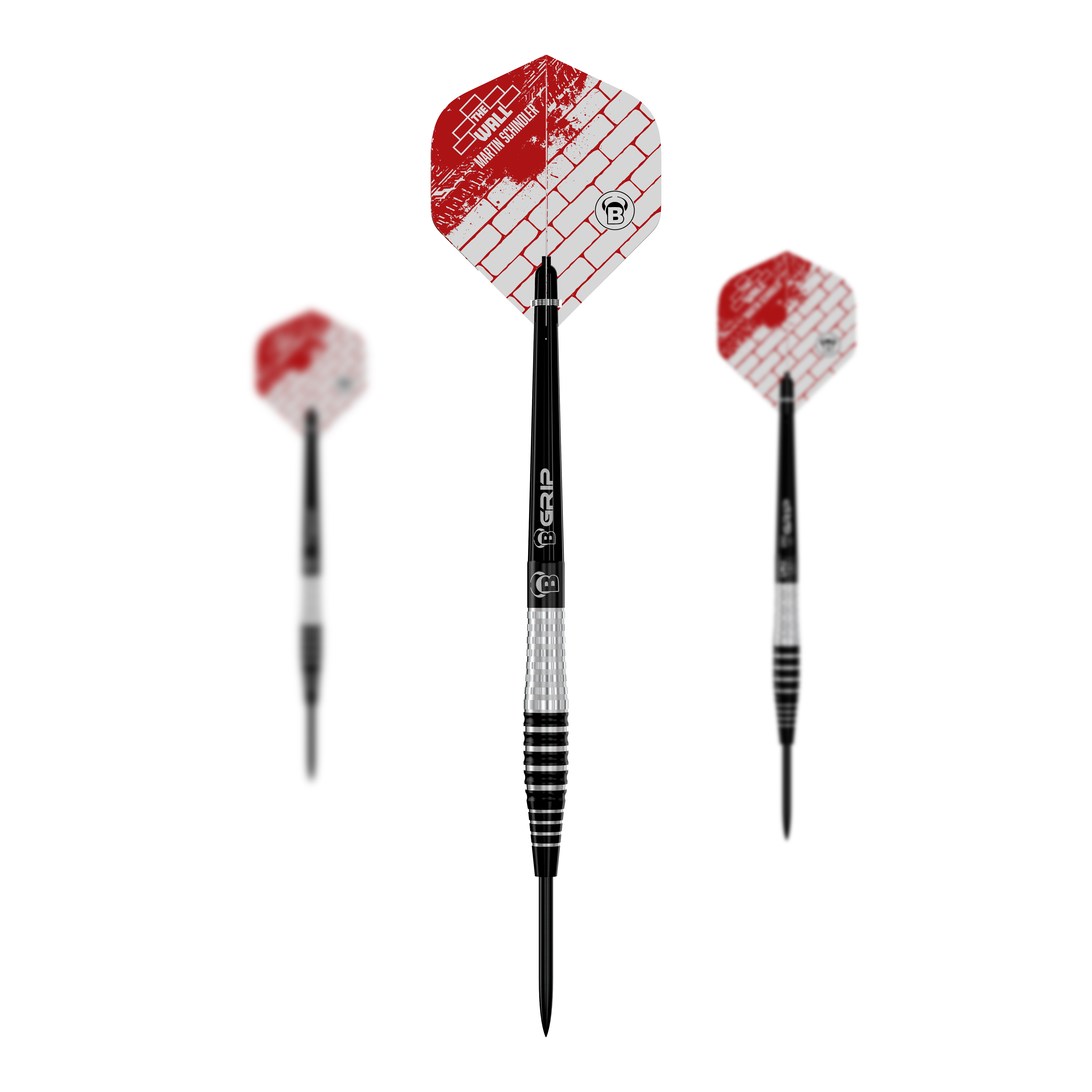 Das Bild zeigt drei Steeldarts des Modells "Bulls Martin Schindler Original Generation 3". Die Flights sind weiß-rot mit Ziegelmuster und der Schaft ist schwarz-silbern gestreift.